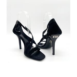Gucci Vintage Black Satin Suede Crystal G Asymmetric Strappy Sandals US 6.5